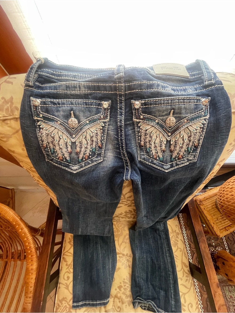 Miss Me Dark Blue Boot Cut Jeans with Embroidered Feather Pockets
